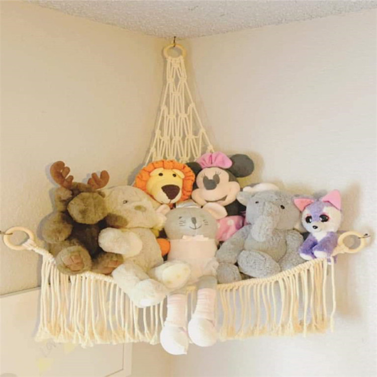 Toy Corner Hammock Large Lace Toy Hammock Cotton Rope Handwoven Tassel Lace Plush Animal Toy Storage Hammock