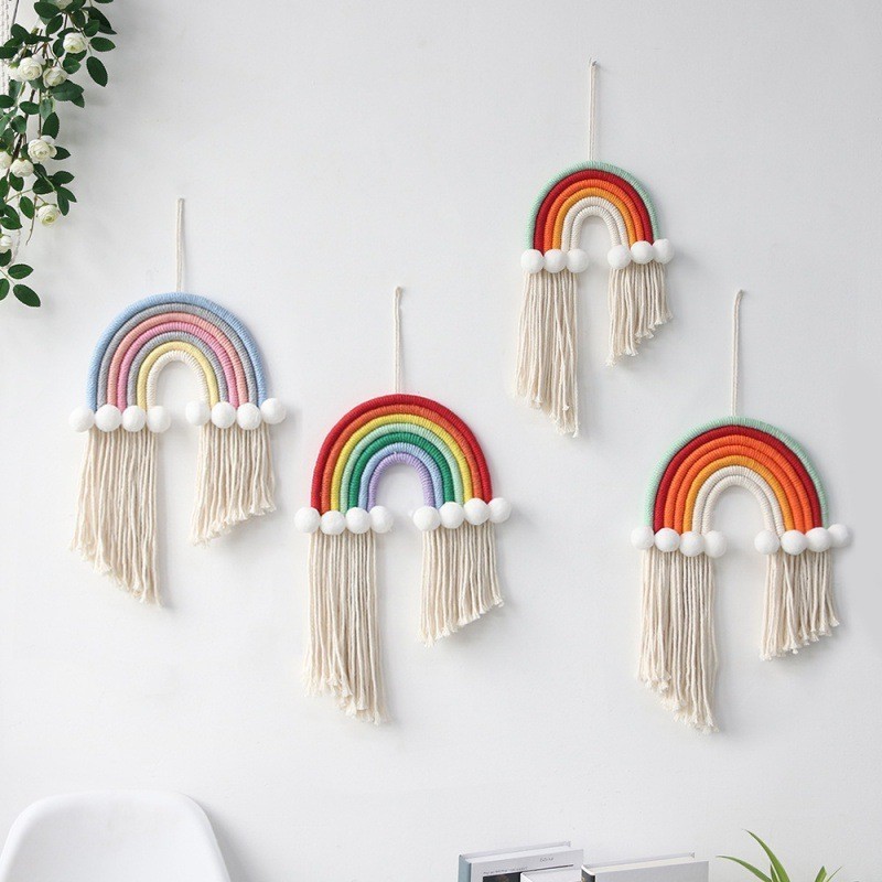 Rainbow plush ball hand woven Macrame rainbow tapestry wall hanging nursery children's girl room decoration