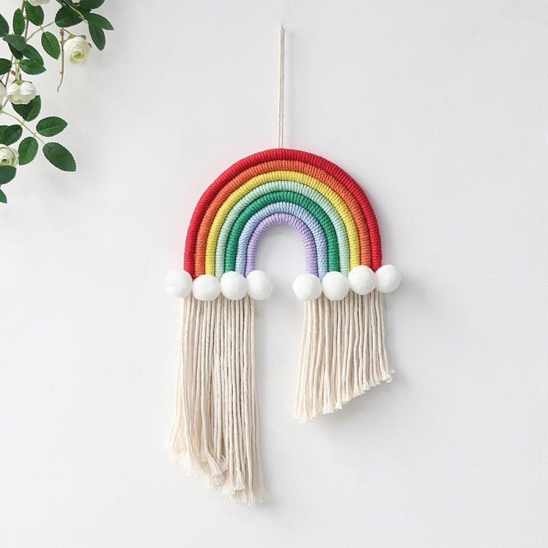 Rainbow plush ball hand woven Macrame rainbow tapestry wall hanging nursery children's girl room decoration