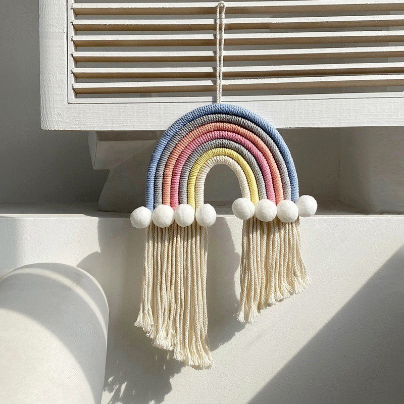 Rainbow plush ball hand woven Macrame rainbow tapestry wall hanging nursery children's girl room decoration