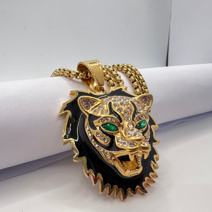 Trendy hip hop jewelry stainless steel gold plated dot diamond baked paint leopard head stereoscopic pendant men's necklace