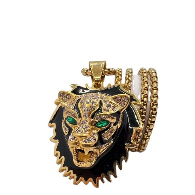 Trendy hip hop jewelry stainless steel gold plated dot diamond baked paint leopard head stereoscopic pendant men's necklace