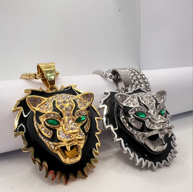 Trendy hip hop jewelry stainless steel gold plated dot diamond baked paint leopard head stereoscopic pendant men's necklace