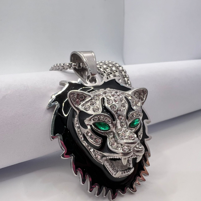 Trendy hip hop jewelry stainless steel gold plated dot diamond baked paint leopard head stereoscopic pendant men's necklace