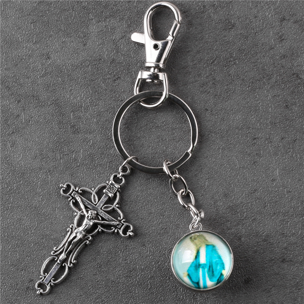 Prayer Cross Keychain Virgin Mary Protect Me Prayer Gift Catholic Keychain with Crucifix