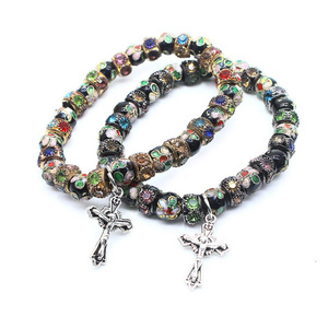 Religious Style High Quality Handmade Gemstone Cloisonne Beads Rosary Elastic String Bracelet with Mini Crucifix