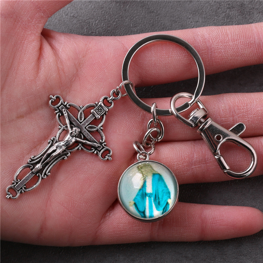 Prayer Cross Keychain Virgin Mary Protect Me Prayer Gift Catholic Keychain with Crucifix