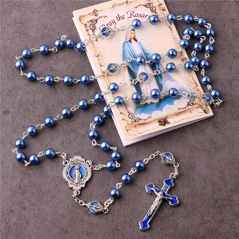 2022 New Customized Religious Jewelry Items Catholic Virgin Mary Chain Rosary 6mm Blue Glass Pearl Beads Rosario Women Necklaces