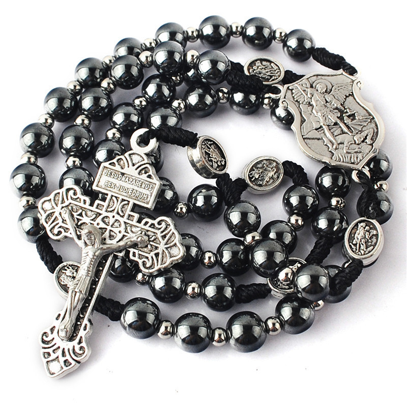 Black Cord St.Michael Rosary Necklace with 8mm Hematite Beads and Stainless Steel Beads Religious Rosary Necklace