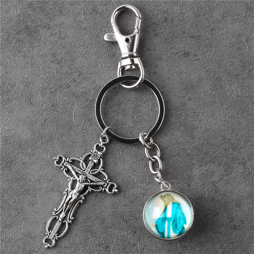 Prayer Cross Keychain Virgin Mary Protect Me Prayer Gift Catholic Keychain with Crucifix