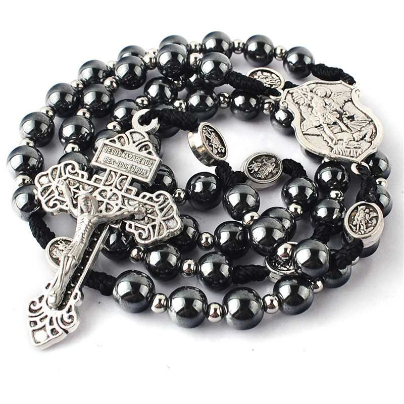 Black Cord St.Michael Rosary Necklace with 8mm Hematite Beads and Stainless Steel Beads Religious Rosary Necklace