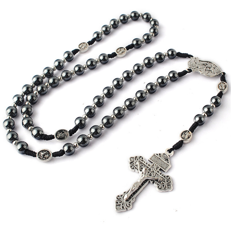 Black Cord St.Michael Rosary Necklace with 8mm Hematite Beads and Stainless Steel Beads Religious Rosary Necklace