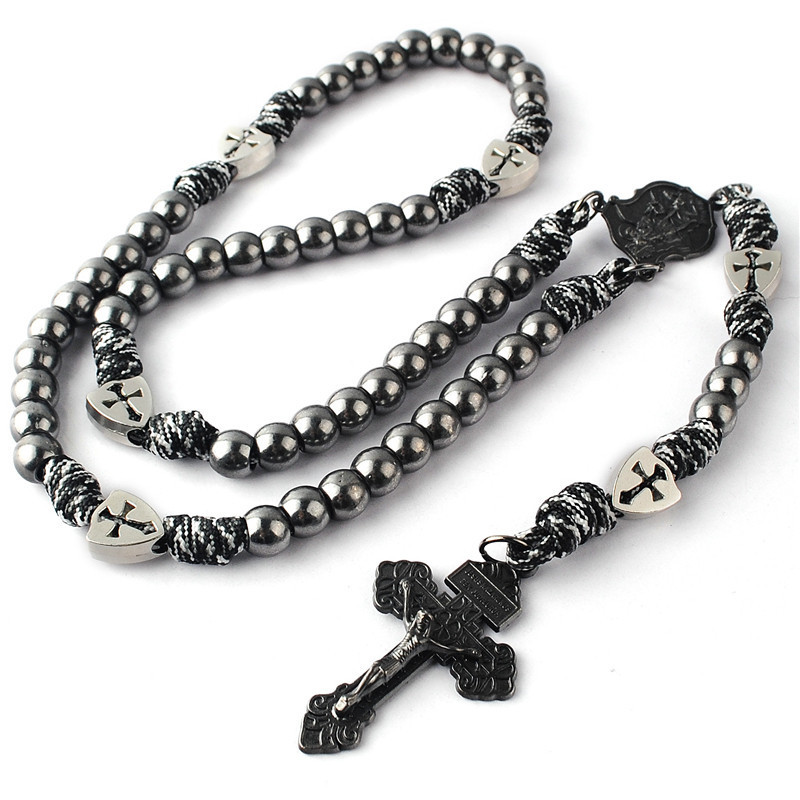 Factory Wholesale Classic Religious Paracord Rosary Black Metal Beads Necklace with St.Michael Crucifix for Men