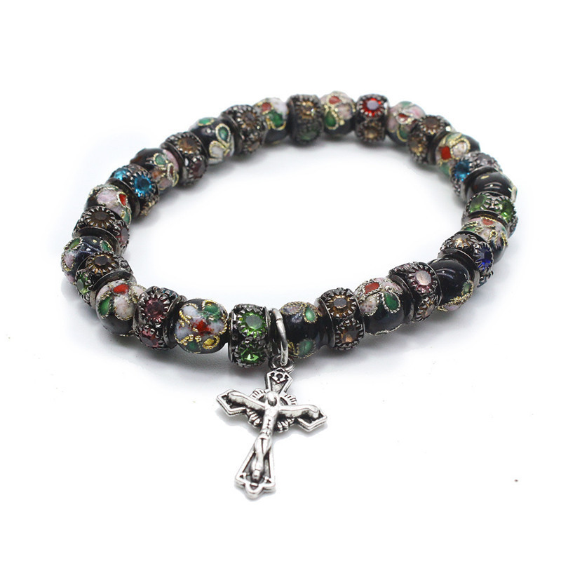 Religious Style High Quality Handmade Gemstone Cloisonne Beads Rosary Elastic String Bracelet with Mini Crucifix