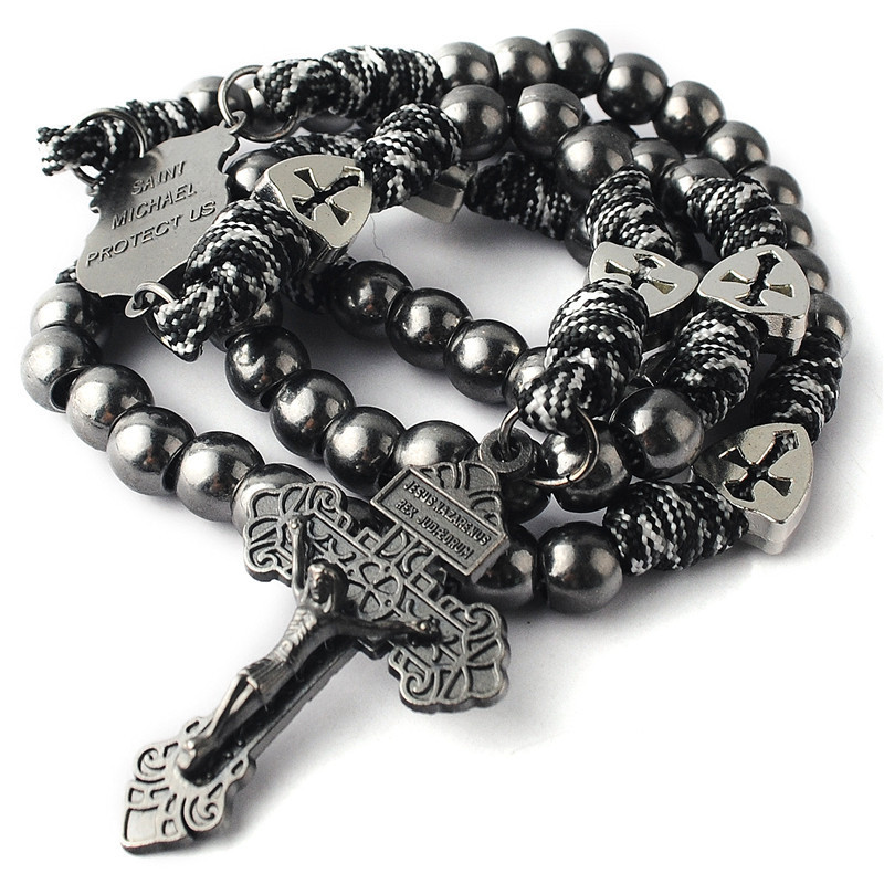 Factory Wholesale Classic Religious Paracord Rosary Black Metal Beads Necklace with St.Michael Crucifix for Men