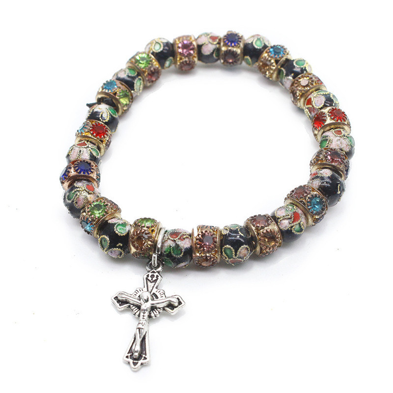 Religious Style High Quality Handmade Gemstone Cloisonne Beads Rosary Elastic String Bracelet with Mini Crucifix