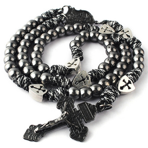 Factory Wholesale Classic Religious Paracord Rosary Black Metal Beads Necklace with St.Michael Crucifix for Men