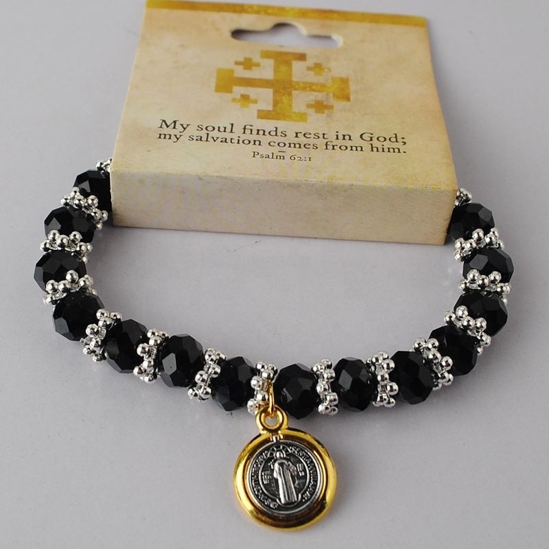 6*8mm Crystal Catholic Beaded Bracelet With Intermediate Gold Benedict Medal