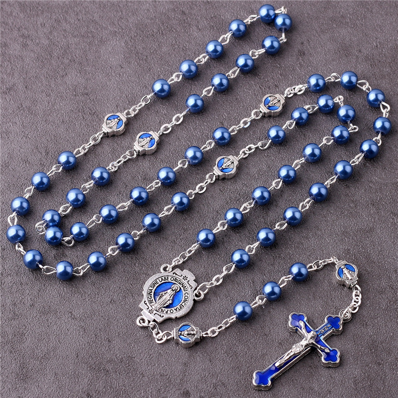 2022 New Customized Religious Jewelry Items Catholic Virgin Mary Chain Rosary 6mm Blue Glass Pearl Beads Rosario Women Necklaces