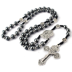 Black Cord St.Michael Rosary Necklace with 8mm Hematite Beads and Stainless Steel Beads Religious Rosary Necklace