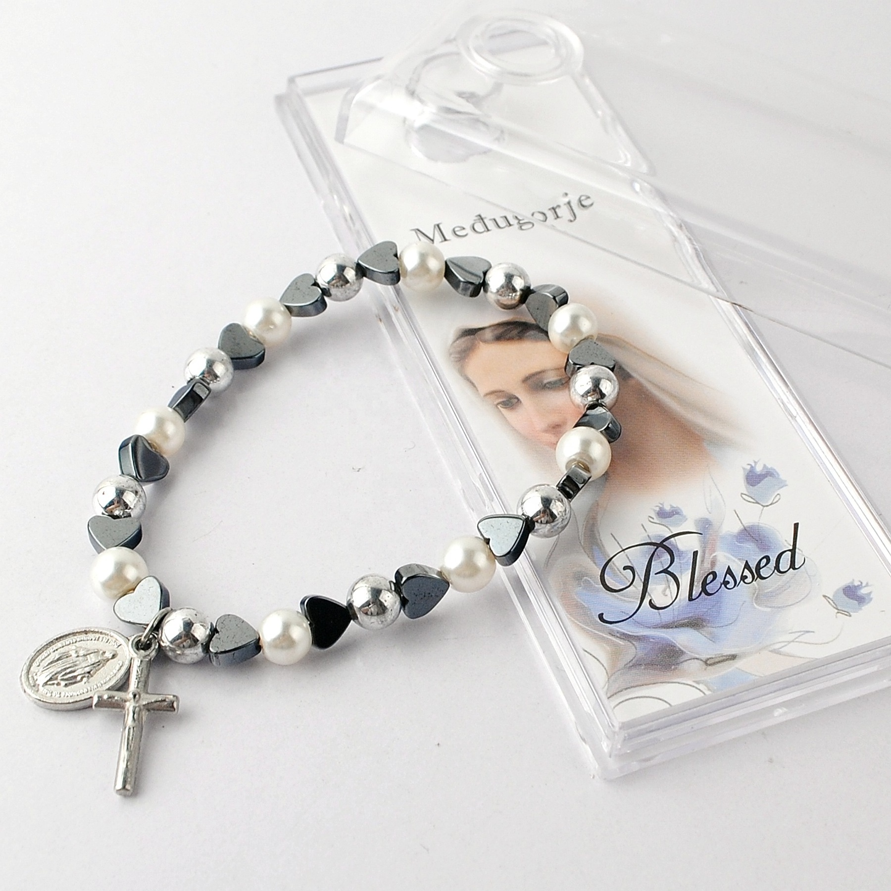 6mm Heart Hematite beads with 6mm Glass Pearl Beads Bracelet with VirginMary Medal pack in Plastic Rectangle Box