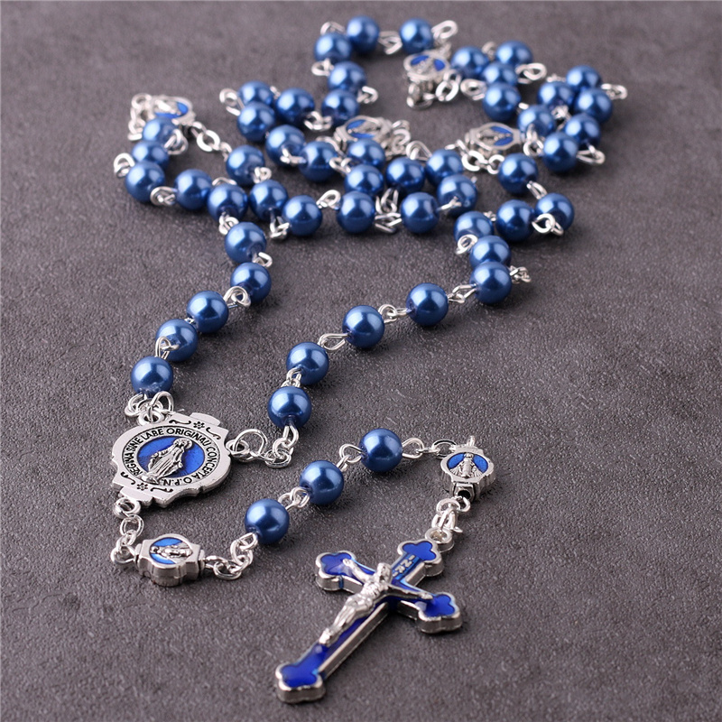 2022 New Customized Religious Jewelry Items Catholic Virgin Mary Chain Rosary 6mm Blue Glass Pearl Beads Rosario Women Necklaces