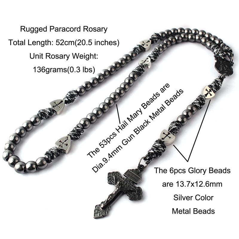 Factory Wholesale Classic Religious Paracord Rosary Black Metal Beads Necklace with St.Michael Crucifix for Men