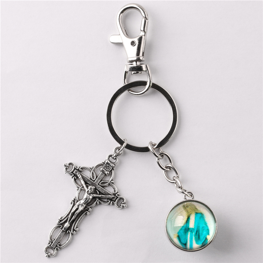 Prayer Cross Keychain Virgin Mary Protect Me Prayer Gift Catholic Keychain with Crucifix