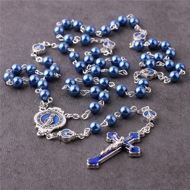 2022 New Customized Religious Jewelry Items Catholic Virgin Mary Chain Rosary 6mm Blue Glass Pearl Beads Rosario Women Necklaces