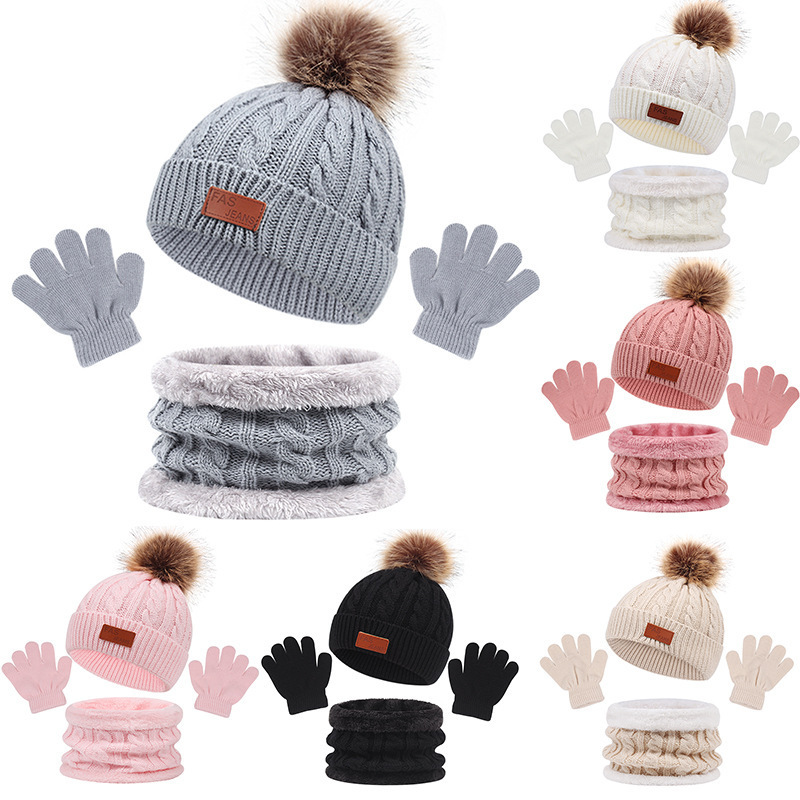 Hot Selling Kids 3pcs/set Autumn Winter Monochrome Warm Scarf Hat and Glove Set For Kids Girls