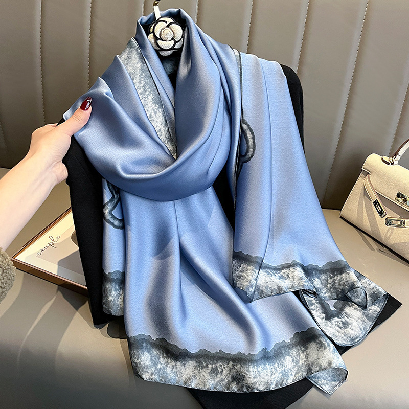 2023 New Ladies Luxury Blue Casual Silk Shawl Scarves Fashion 180*90CM Tie-dye Edge Silk Printing Silk Scarf for Women