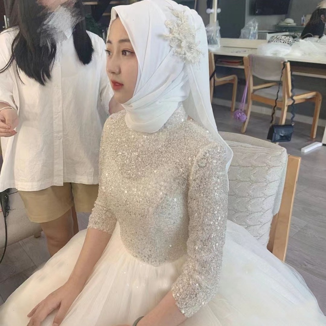 Beautiful Arabic Muslim Hijab Wedding Dress Women Elegant Islamic Wedding Dress  Muslim Bridal Clothing With Scarf