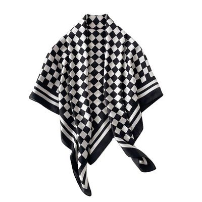 Custom New Black And White Square Checker Board Design Print Women Designer Hijab Silk Scarf Hair Scarfs 90*90cm