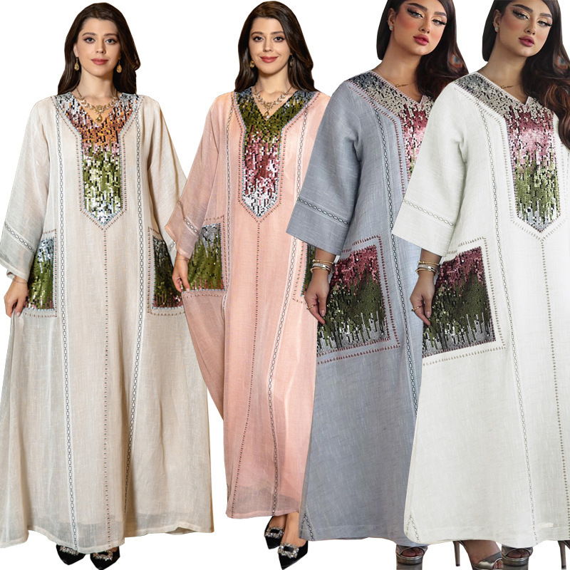 Wholesale Dubai Turkey Islamic Ethic Clothing Women Long Sleeve Sequins Design Abaya Dress