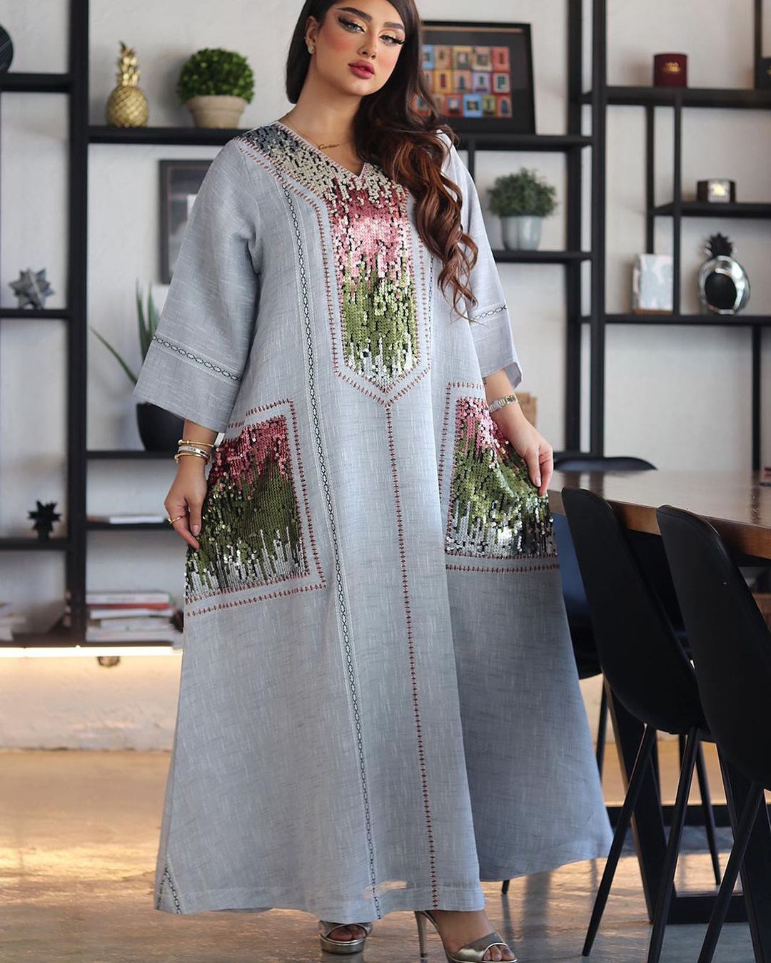 Wholesale Dubai Turkey Islamic Ethic Clothing Women Long Sleeve Sequins Design Abaya Dress