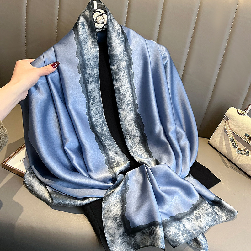 2023 New Ladies Luxury Blue Casual Silk Shawl Scarves Fashion 180*90CM Tie-dye Edge Silk Printing Silk Scarf for Women