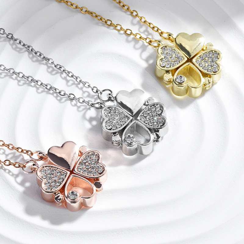 Four Leaf Clover Stainless Steel Necklace Lucky Heart Linked To Heart Two-ways Wearing Necklace Magnetic Charm Necklace