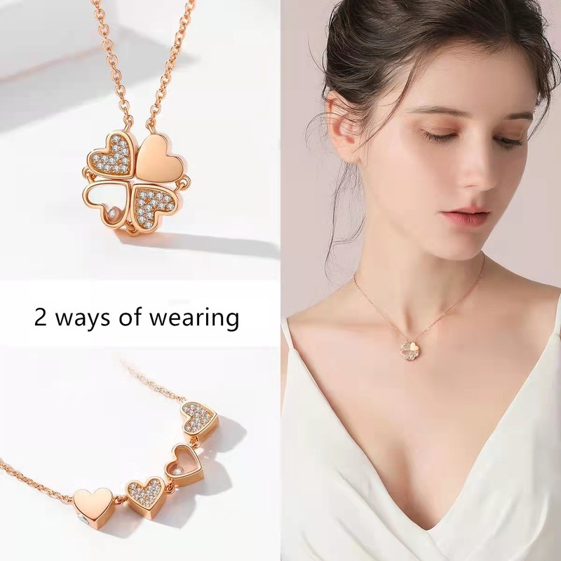 Four Leaf Clover Stainless Steel Necklace Lucky Heart Linked To Heart Two-ways Wearing Necklace Magnetic Charm Necklace