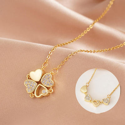 Four Leaf Clover Stainless Steel Necklace Lucky Heart Linked To Heart Two-ways Wearing Necklace Magnetic Charm Necklace