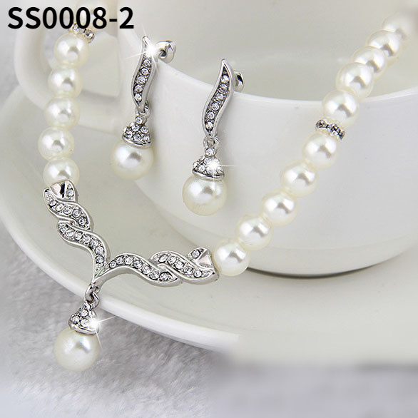 Hot Sale Female Creative Gold Color Necklace Earrings Wedding Bridal Pearl Jewelry Set For Women Lady