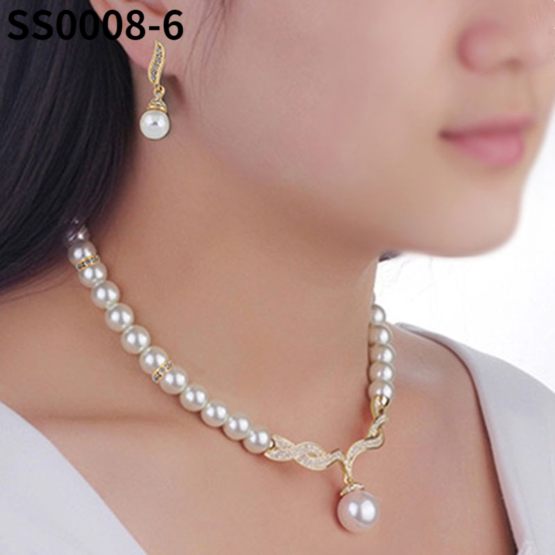 Hot Sale Female Creative Gold Color Necklace Earrings Wedding Bridal Pearl Jewelry Set For Women Lady