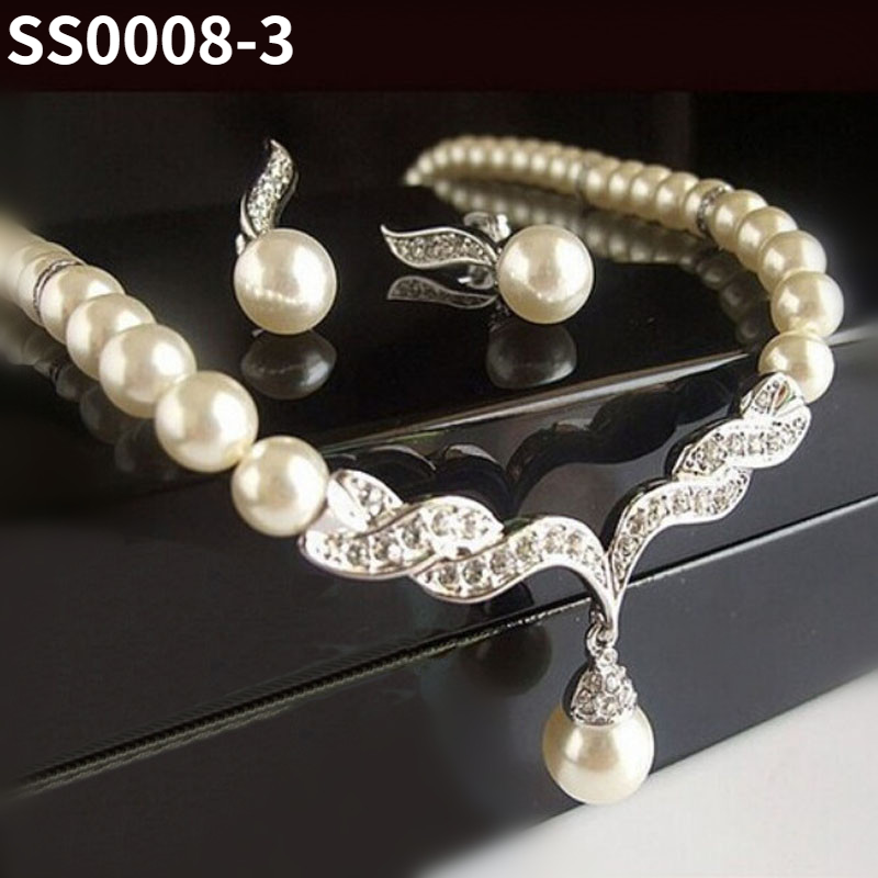 Hot Sale Female Creative Gold Color Necklace Earrings Wedding Bridal Pearl Jewelry Set For Women Lady