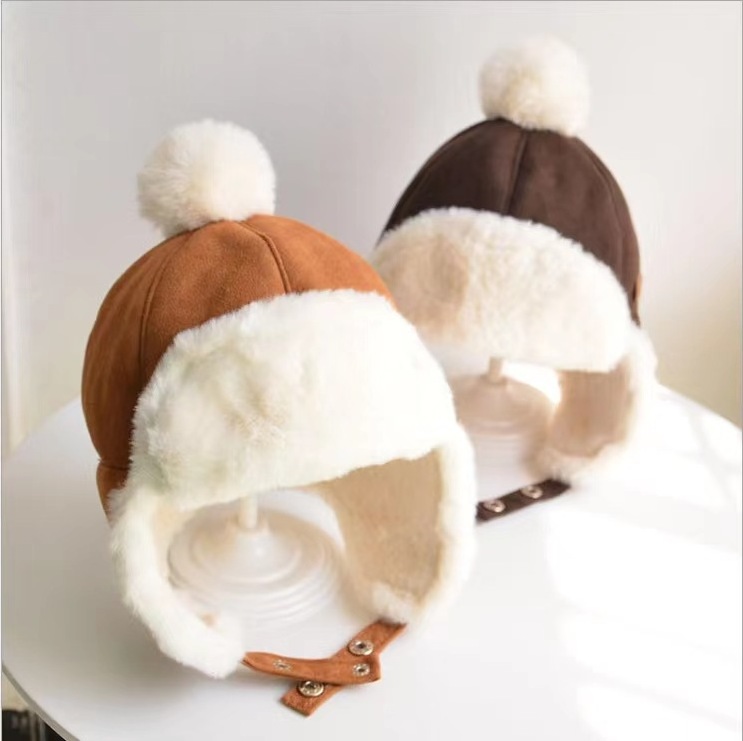 Ruimantike Fur leather patch logo adjustable winter Trapper hat fur knit Children kid cute pom winter trapper hat