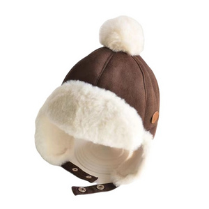 Ruimantike Fur leather patch logo adjustable winter Trapper hat fur knit Children kid cute pom winter trapper hat