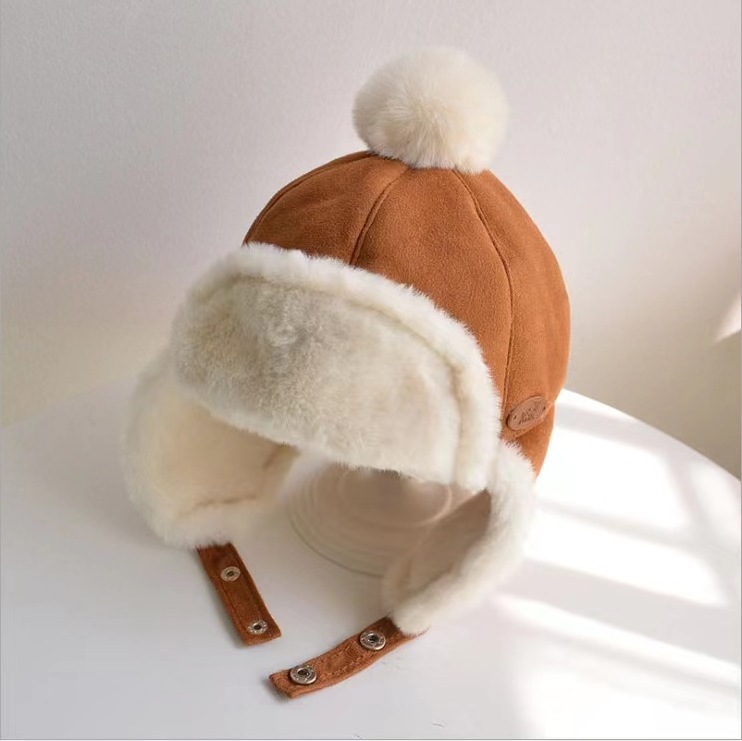 Ruimantike Fur leather patch logo adjustable winter Trapper hat fur knit Children kid cute pom winter trapper hat