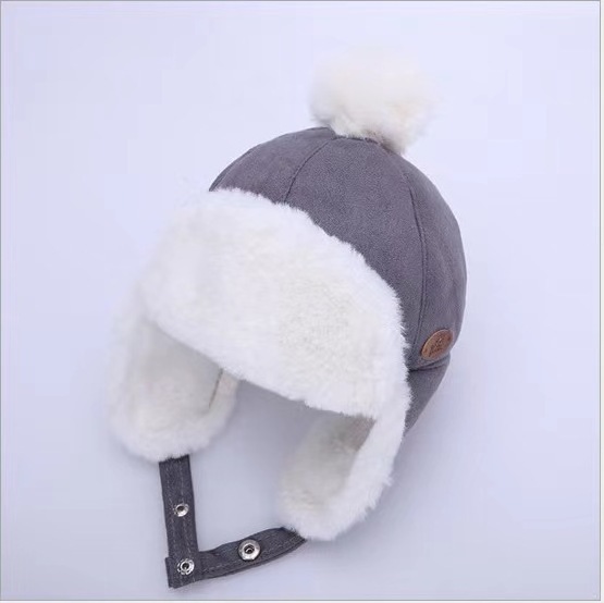 Ruimantike Fur leather patch logo adjustable winter Trapper hat fur knit Children kid cute pom winter trapper hat