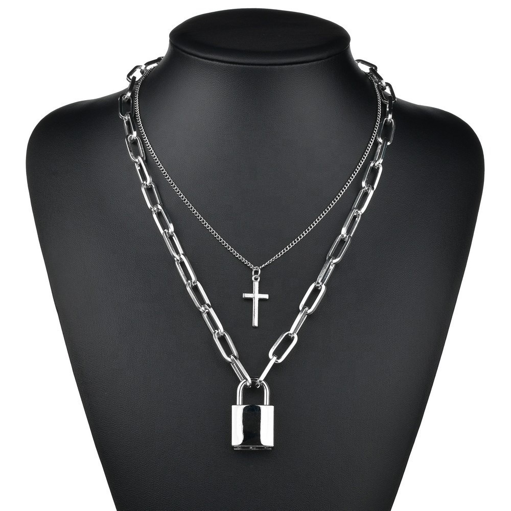 Hip-hop Multi-Layer punk cross chain necklace square lock necklace women men metal padlock chains hip hop cool jewelry gifts