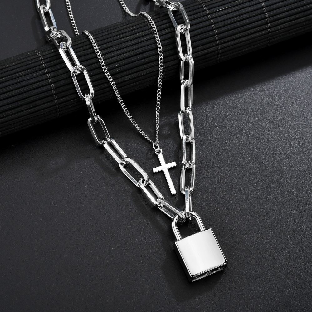 Hip-hop Multi-Layer punk cross chain necklace square lock necklace women men metal padlock chains hip hop cool jewelry gifts