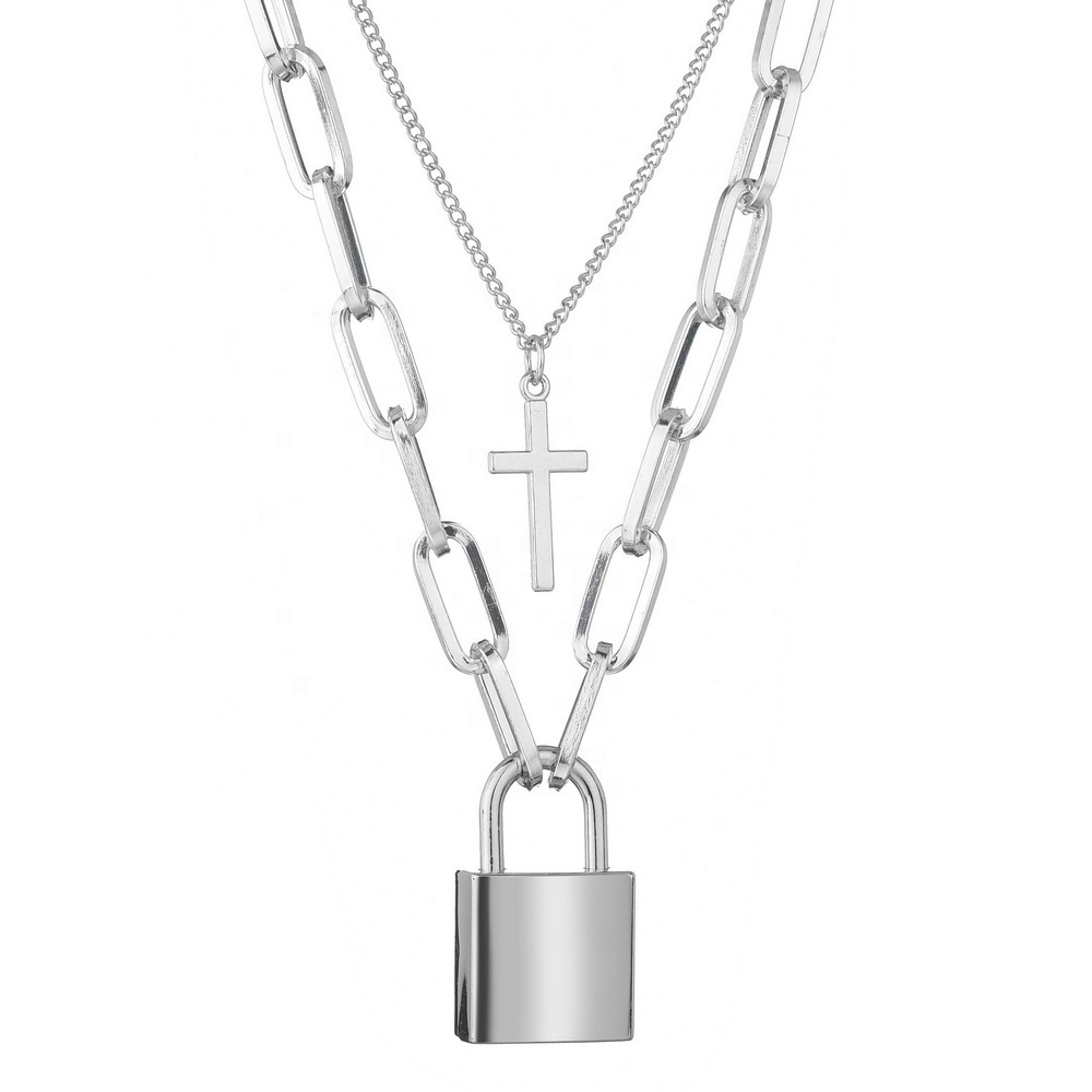 Hip-hop Multi-Layer punk cross chain necklace square lock necklace women men metal padlock chains hip hop cool jewelry gifts