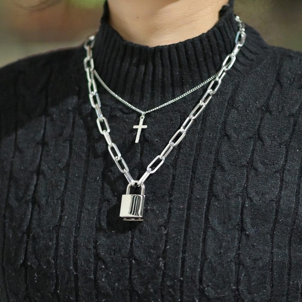 Hip-hop Multi-Layer punk cross chain necklace square lock necklace women men metal padlock chains hip hop cool jewelry gifts